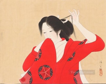  Bijin Oil Painting - bijin in red kimono Kiyokata Kaburagi Japanese